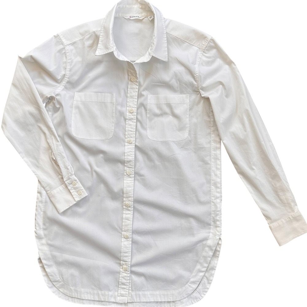 Athleta Button Down Shirt Womens Small White Excellent Long Sleeve Cotton Blend